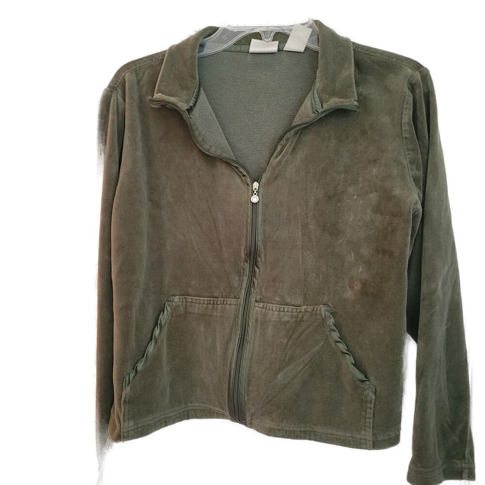 Vtg Erika Zip Up Jacket Womens Medium Olive Green Velour Rhinestone Pull Y2k